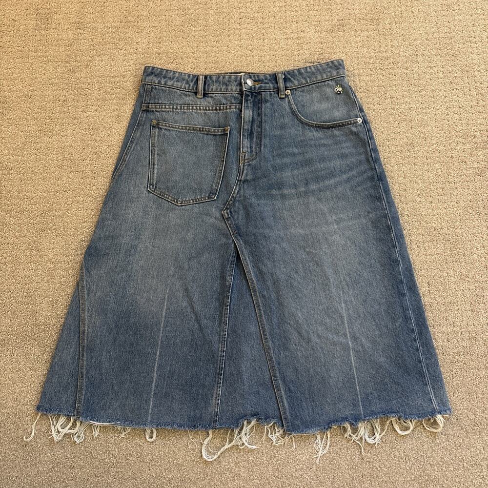 Tory Burch Deconstructed Denim Skirt A-line Cutoff Floral Worn Vintage Wash 10